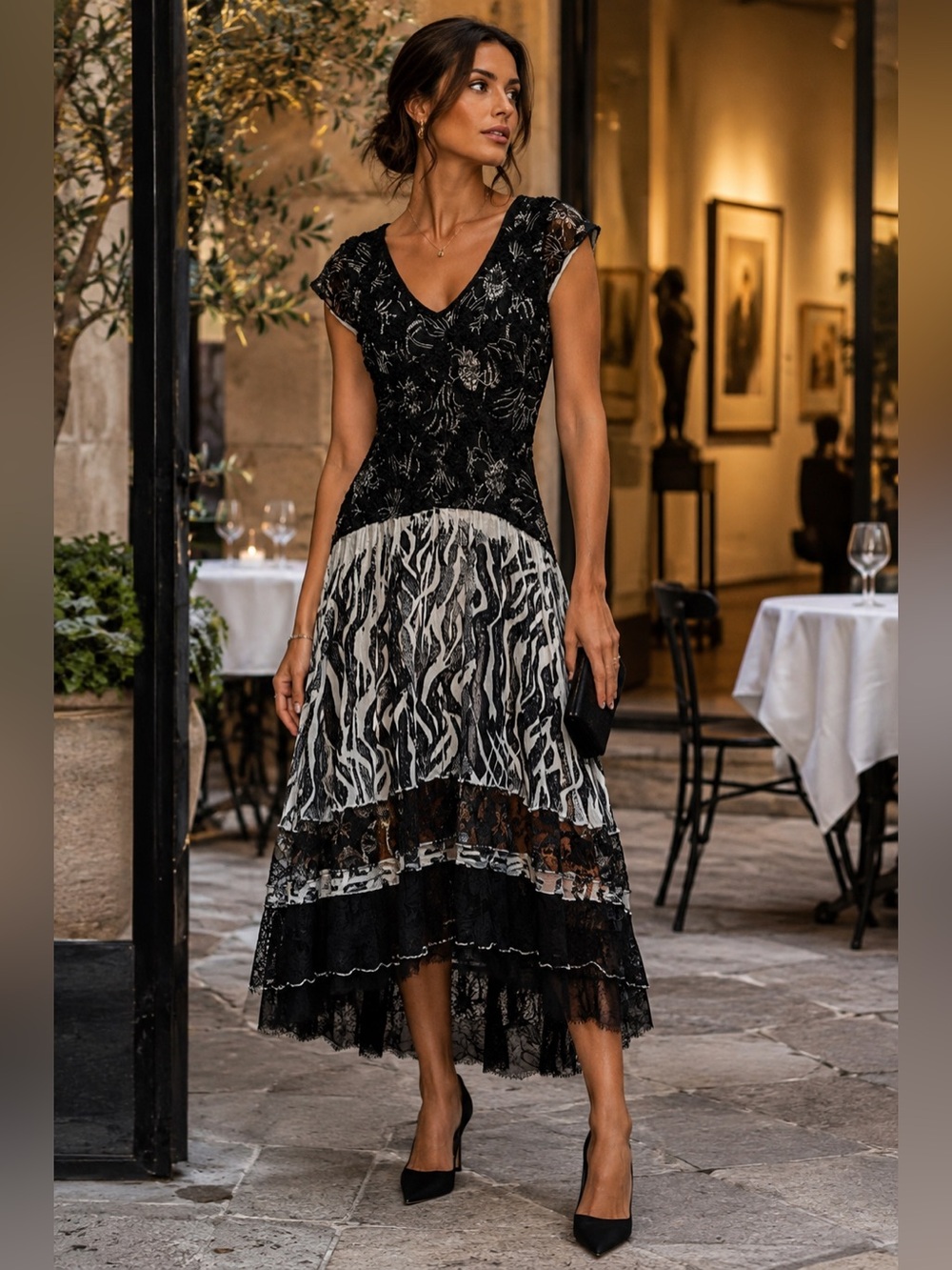 Mezon Black White Lace Mixed Print Midi Dress Romantic European Boutique M